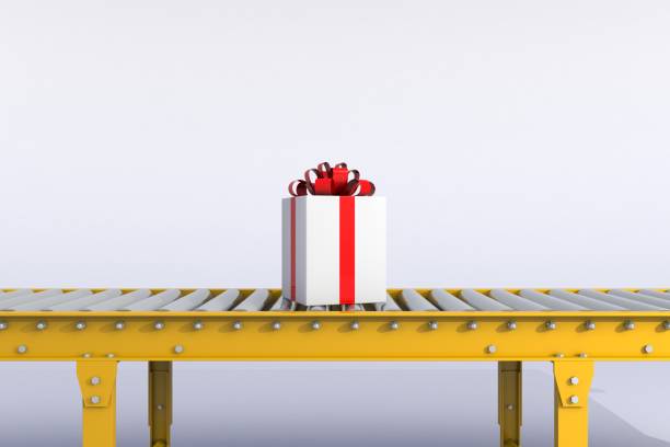 Christmas and New Year's Day, Gift box with red ribbon on conveyor line isolated on a white background, 3d rendering