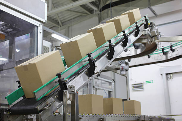 conveyor belt with cardboard boxes at production line in factory