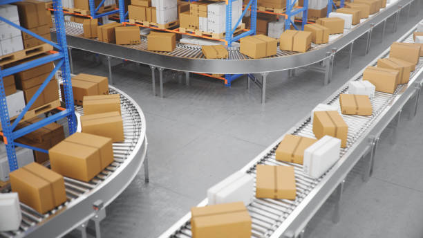 Packages delivery, parcels transportation system concept, cardboard boxes on conveyor belt in warehouse. Warehouse with cardboard boxes inside on pallets racks. Huge modern warehouse. 3D Illustration