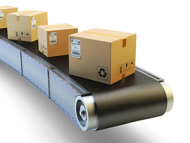 Purchases transportation system, cardboard boxes on conveyor belt isolated on white background