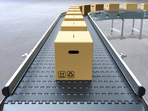 Cardboard boxes on conveyor belt 3D rendering