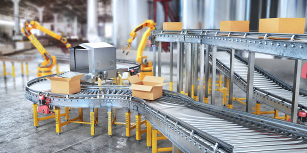 Blank conveyors on a blurred factory background. 3d illustration