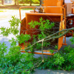 Professional gardeners are putting the branches of a trimmed tree in a wood chipper and pickup truck maintenance in springtime.